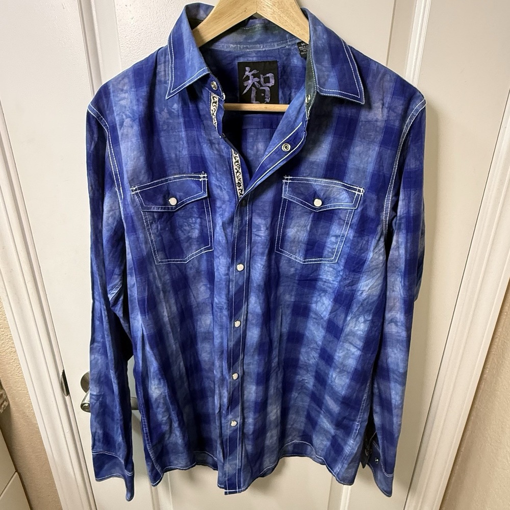 MIM Mens M Blue Plaid Tie Dye Western Pearl Snap Shirt 100% Cotton